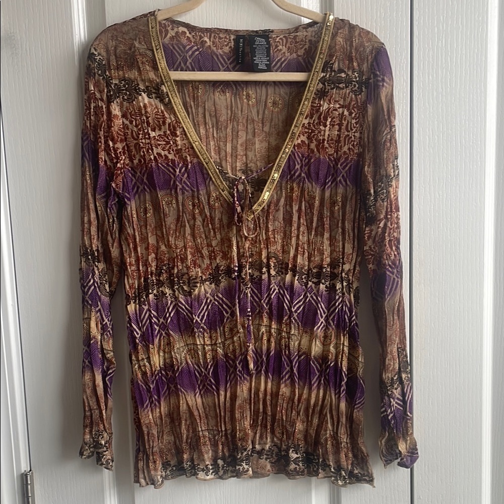 Pleated Tie Front Blouse with Sequin Trim